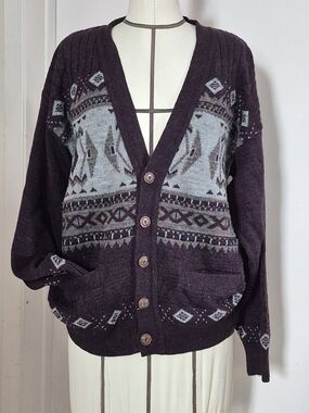 Vintage Men's Plum Patterned Button-Front Cardigan Sweater